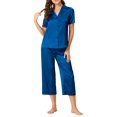 thumbnail image 2 of INSPIRE CHIC Women's Satin Pajama Set Short Sleeve Button Down Top & Capri Pants 2 Piece Loungewear Sleepwear L Dark Blue, 2 of 6