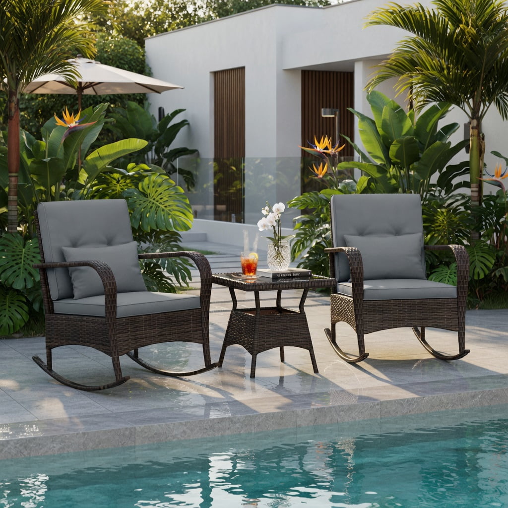 Hommoo 3-Piece Outdoor Rocking Chair Set with Tempered Glass Coffee Table, PE Rattan Patio Furniture for Backyard, Poolside & Porch, Gray