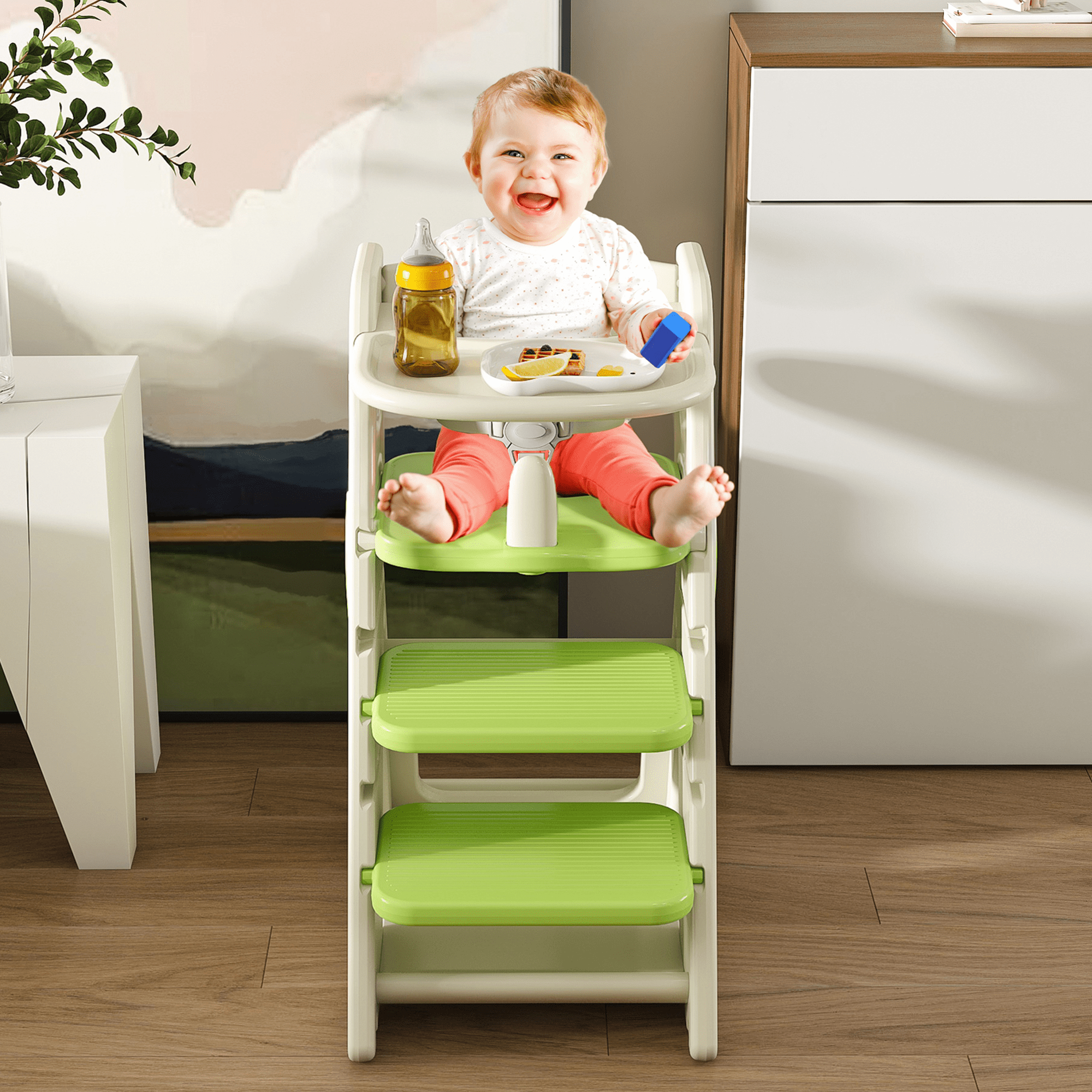 Wohh 3 in 1 Multi Functional Growing Up Dining Chair for Eating, Convertible Baby High Chair Toddler Learning Tower & Step Stool, Adjustable Height with 5-Point Harness, Removable Tray(Green)