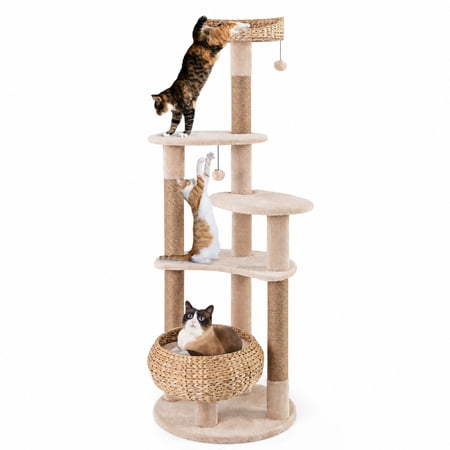SUGIFT 59 Inches Tall Cat Tree with Perch and Soft Hammock for Indoor Cats Large Cat Tower Kitten Activity Tree Beige Natural