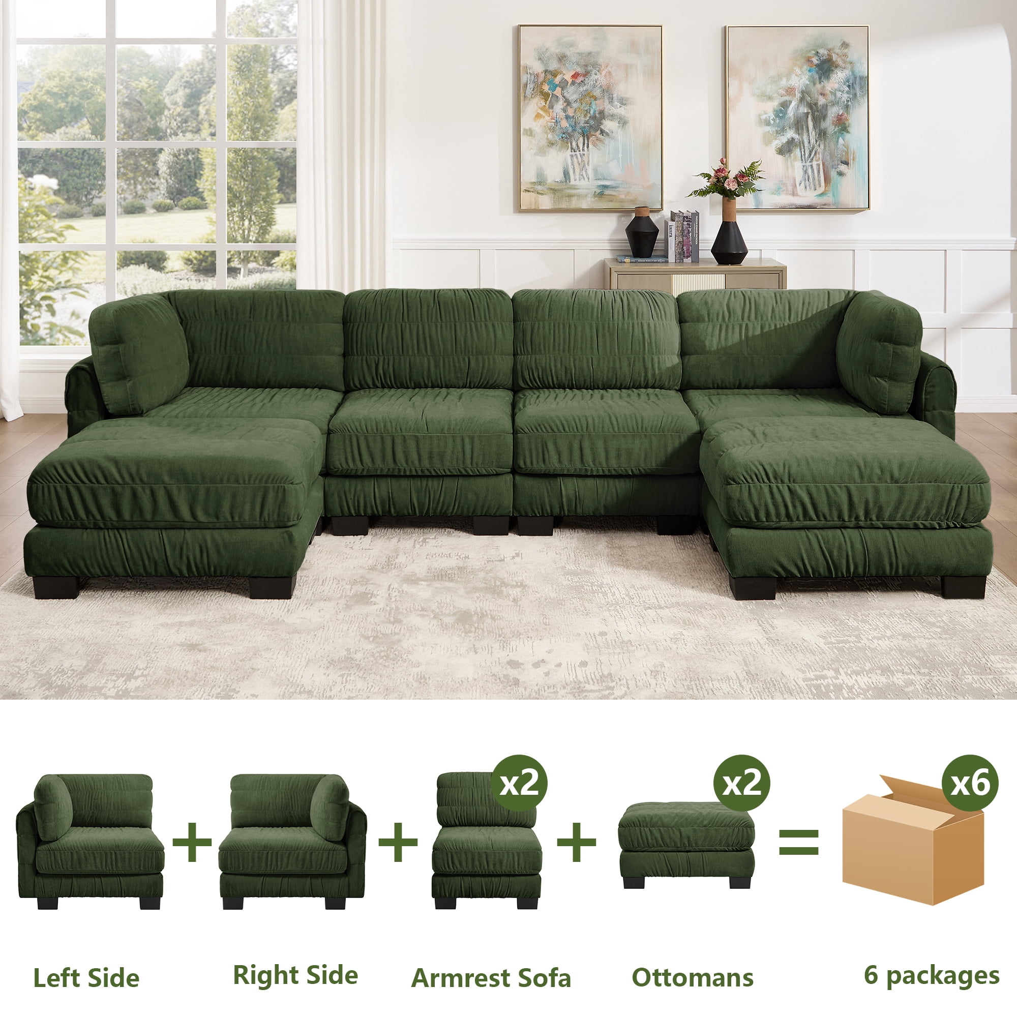 140" U Shape 4 Seat Ruched Chenille Modular Sectional Sofa with 2 Movable Ottomans,Easy Assembly