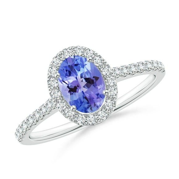 Angara Natural Tanzanite Ring - Prong-Set Oval Tanzanite Halo Ring with Diamond Accents in Platinum for Women (Ring Size = 5)