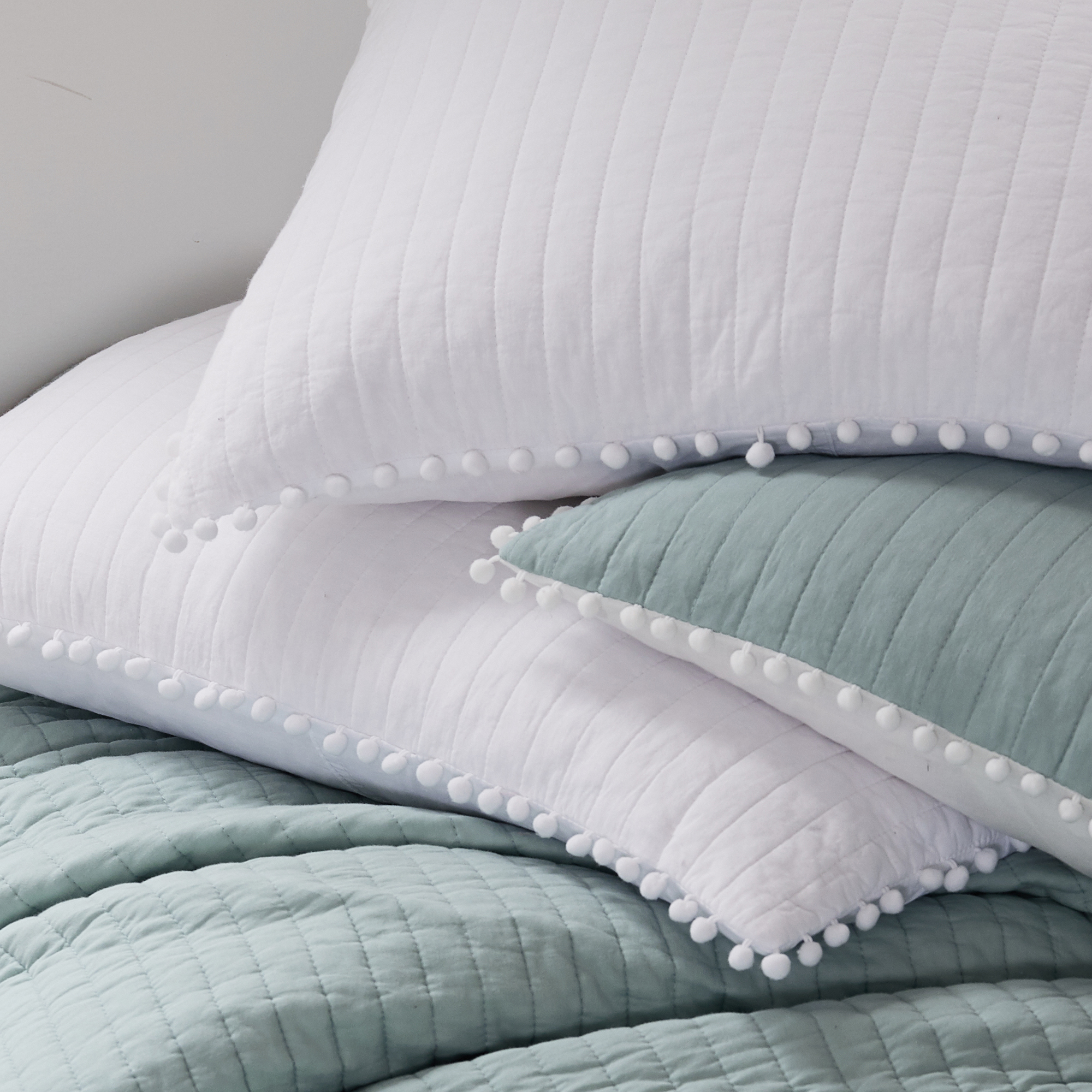Levtex Home - Pom Pom Quilt - Twin Quilt - Blue Haze - Teal Green - Quilt (68x86in.) - Reversible - Cotton Fabric