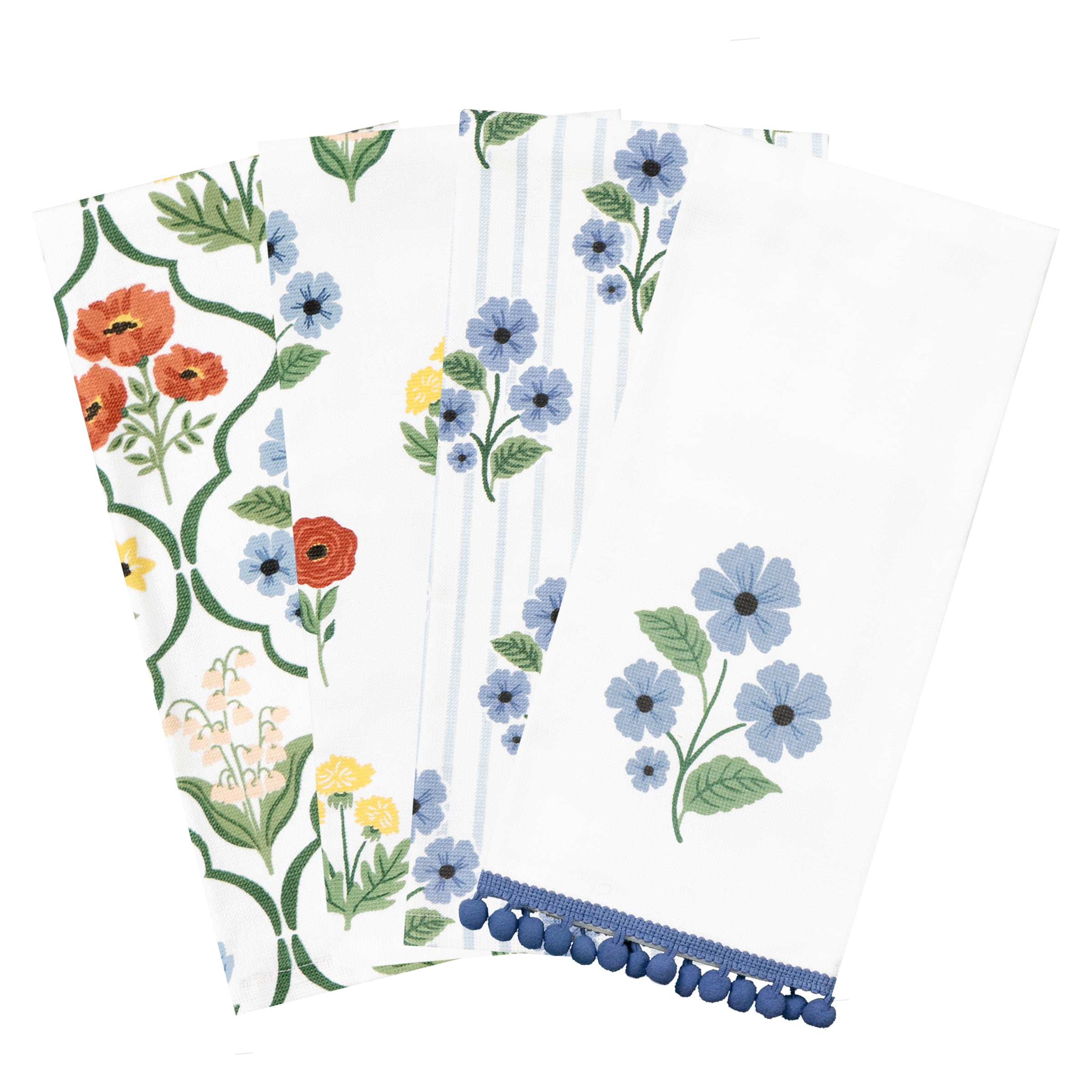 RITZ 100% Cotton Kitchen Towels, Blue Trellis Floral – Absorbent Dish Towels for Drying & Cleaning – Soft & Durable (Set of 4)