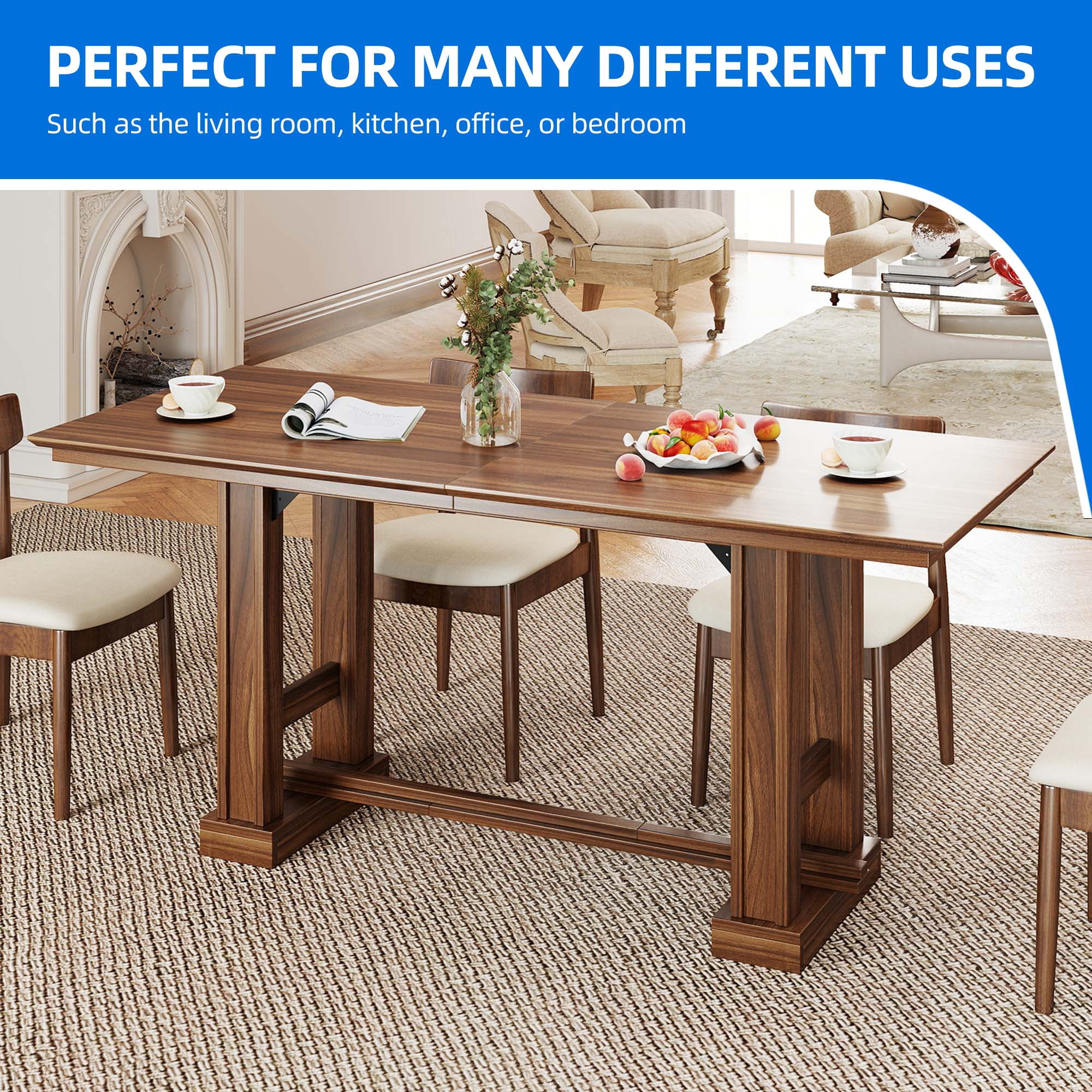 Uforic 70" Dining Table for 6–8 People, Farmhouse Rectangular Kitchen Table with Thick Base for Dining Room, Living Room, and Kitchen, Dark Walnut