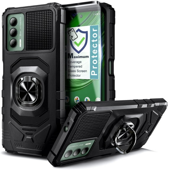 Compatible with Cricket Outlast / AT&T Jetmore Phone Case with Tempered Glass Screen Protector, Nagebee Full-Body Protective [Military-Grade] Magnetic Car Mount Ring Holder Durable Cover (Black)