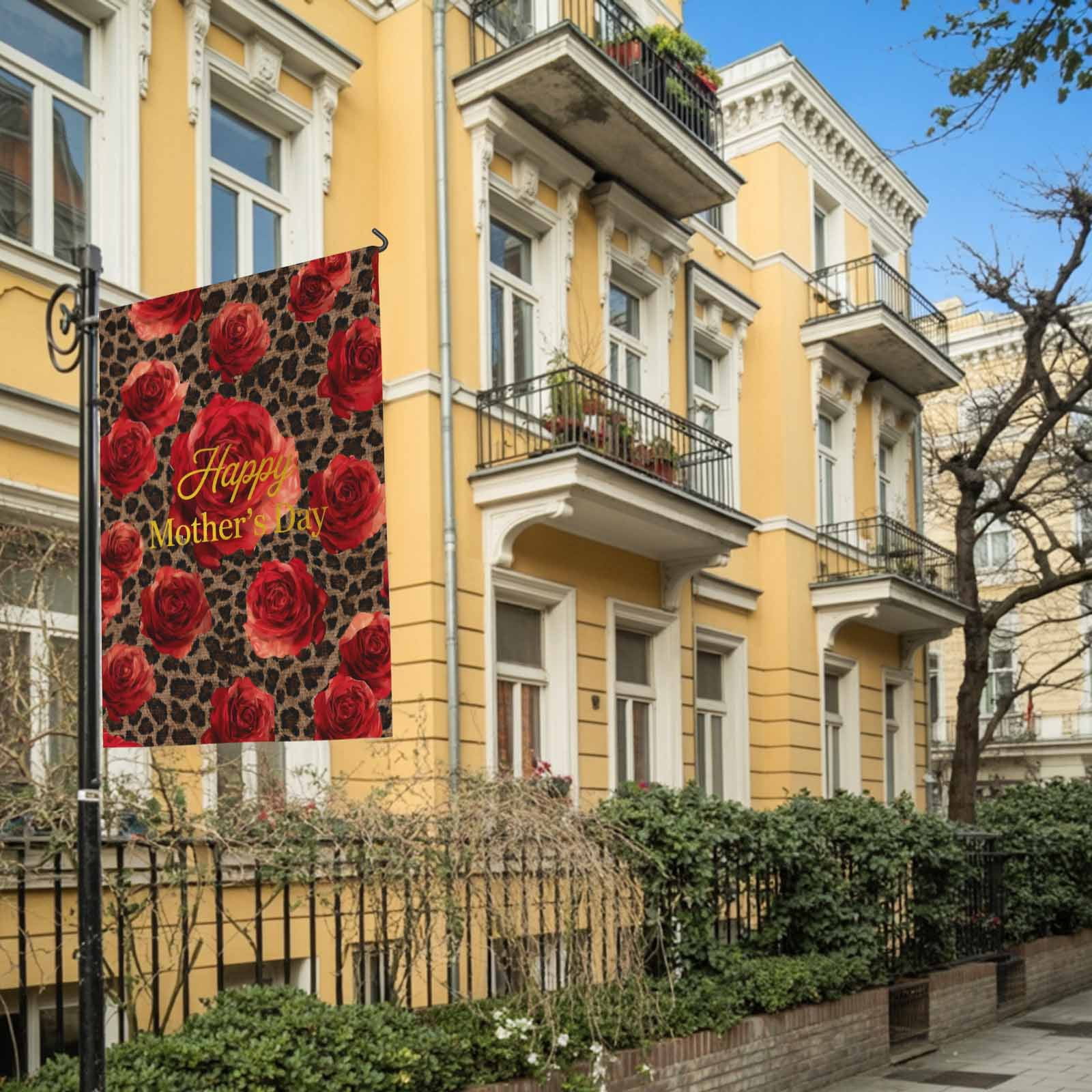 Happy Mother's Day House Flag 28 x 40 Inches, Red Roses Romantic Flower Brown Leopard Weather Proof Outdoor Patio Flags Double Sided Small House Decoration for Yard Lawn Outside Home