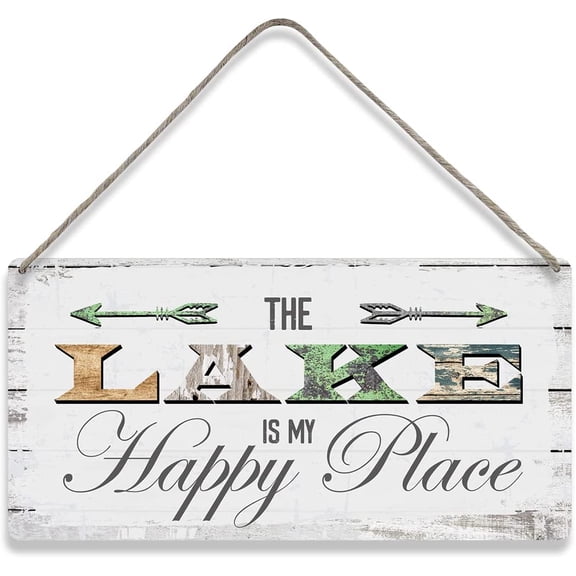 The Lake is My Happy Place Sayings Home Wall Decor Wooden Signs Country Rustic Hanging Wall Plaque Sign Lake House Present 10x5 Inch