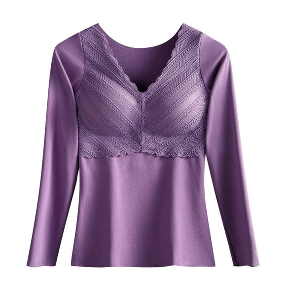 Jgppe Womens Thermal Underwear Seamless Fleece Lined Classic Solid Color Built-In Bra Stretchy Long Sleeve Shirt