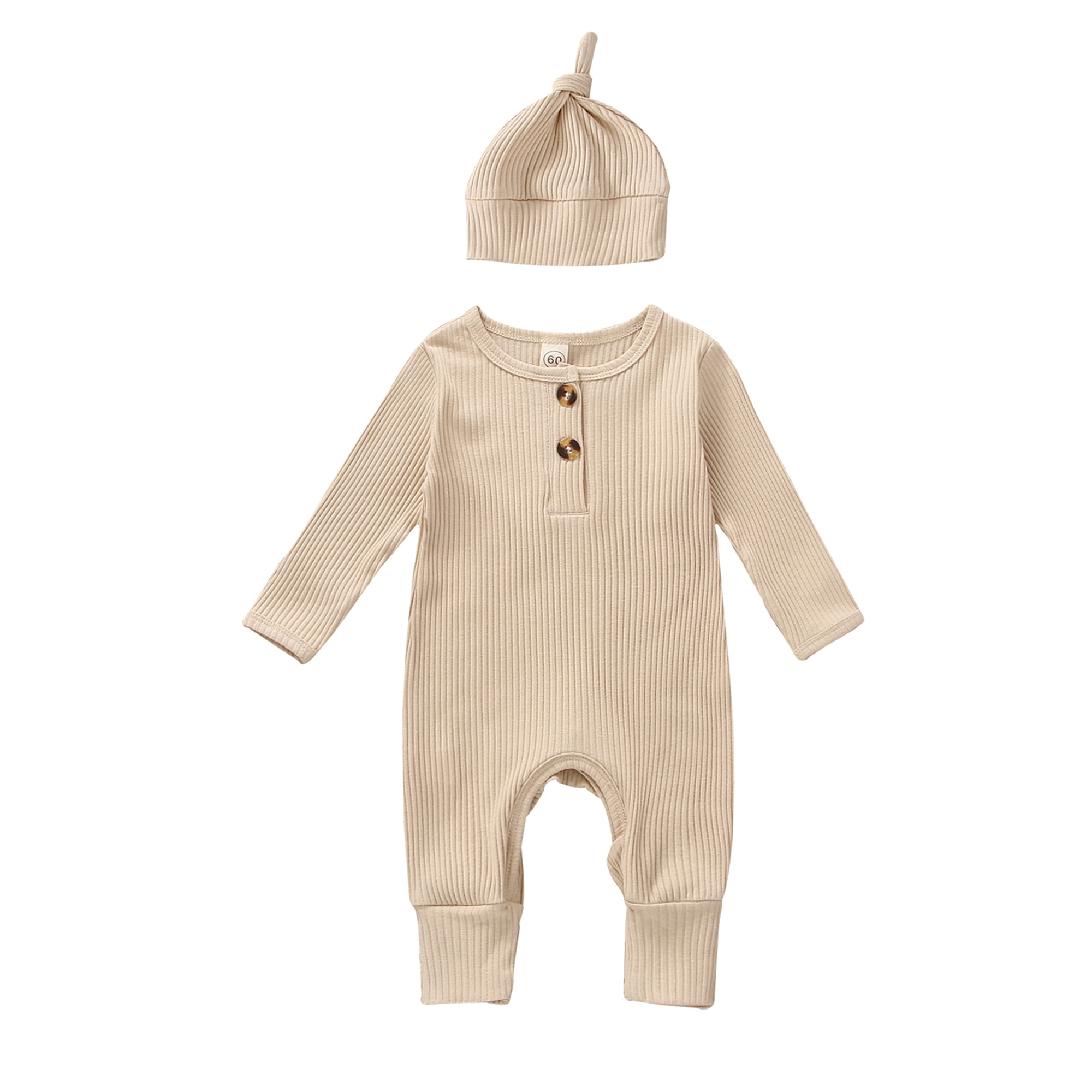 Binwwede Infant Baby Jumpsuit and Hat Set, Solid Knit Ribbed Long Sleeve  Crew Neck Button Romper One-Piece Clothes