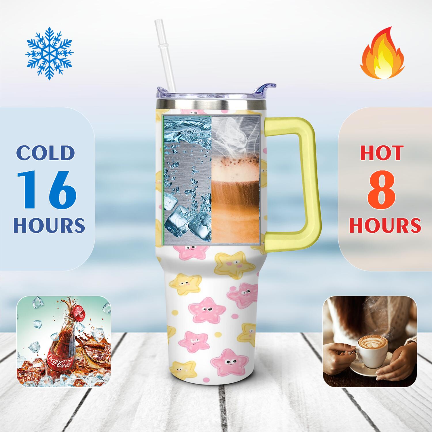 40 oz Tumbler Starfish with Handle Stainless Steel Water Bottle Leak Resistant Cup Car Cup Holder Friendly for Travel Commuting