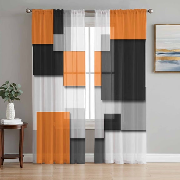 Sheer Curtains 84 Inches Long 2 Panels Set for Living Room, Orange Grey Black Geometric Semi Sheer Curtains for Windows, Modern Abstract Art Voile Window Treatments Rod Pocket Curtain