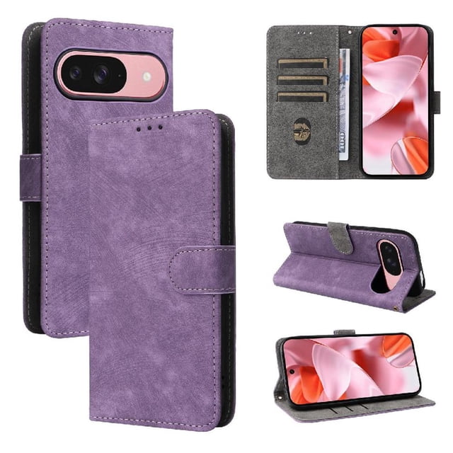 Phone Wallet Case for Google Pixel 10 with Stand - Leather Folio Cover & Card Slots Purple