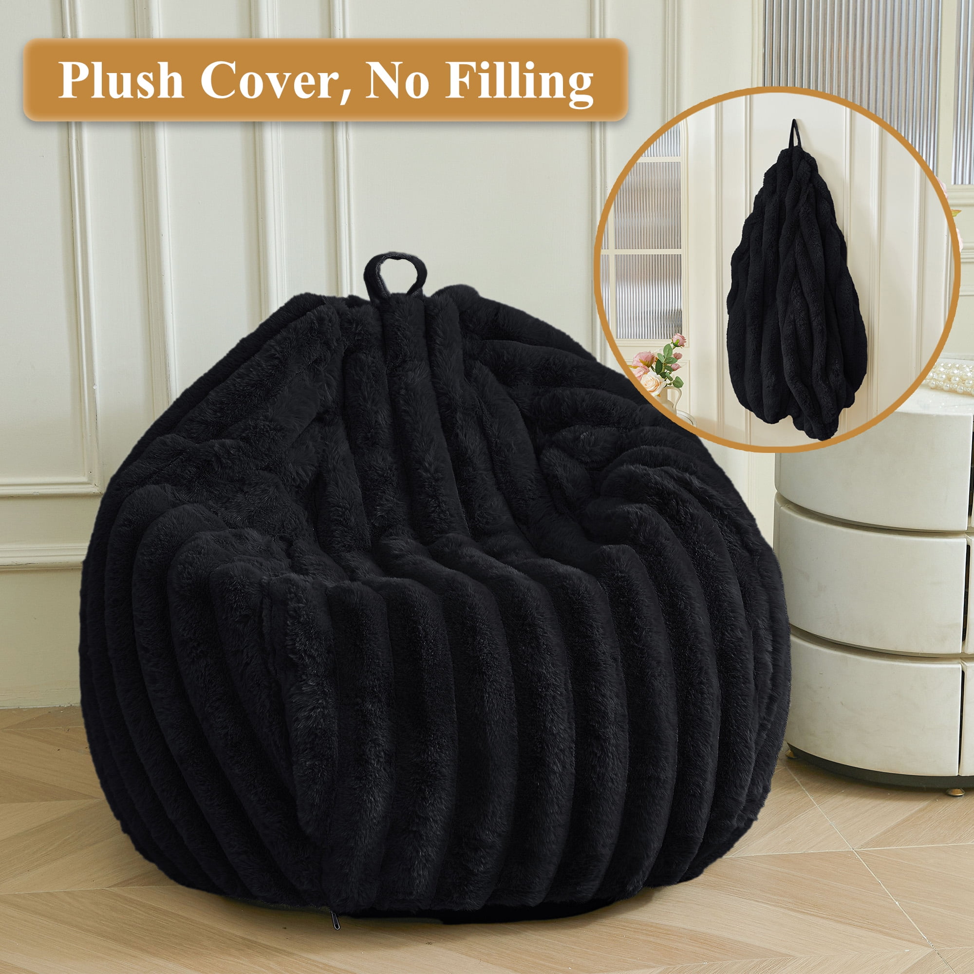 XeGe Fluffy Faux Rabbit Fur Bean Bag Chair Cover(No Filler), Luxury Plush Fuzzy Striped Stuffed Animal Storage Beanbag, 3FT Large Furry Ribbed Floor Lounger for Bedroom Living Room, Anti-slip, Black
