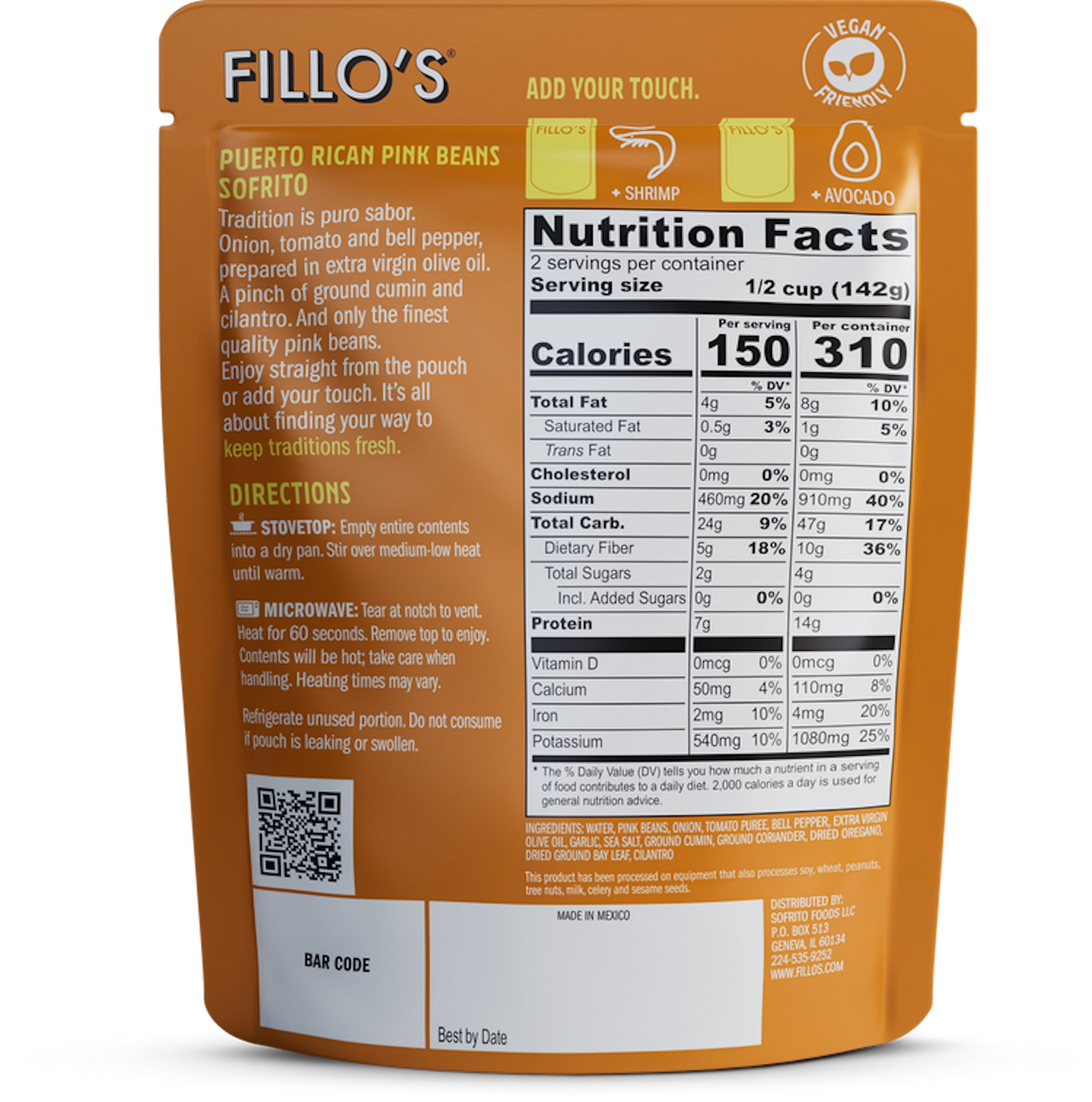 (6 pack) FILLO'S Puerto Rican Pink Beans Mild Spice - Single Pouch, 10 oz