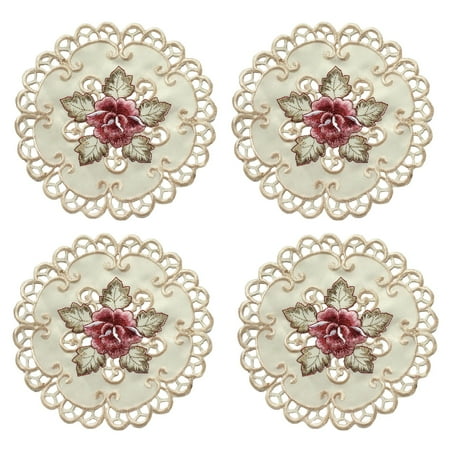 BINGLI Retro Lace Placemats Set of 4, Round Lace Place Doilies Flower Embroidered Cup Mat, Handmade French Crochet Table Mats for Table Decoration, Tea Party, Wedding