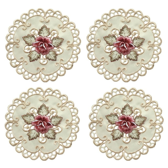 Placemat Set of 4 Round Floral White Embroidered Lace Doilies for Dining Tables - Elegant Table Runner Mats