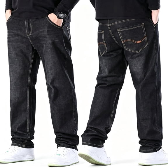 DENTOYOU Men's Jeans Comfort Flex Waist Relaxed Fit Denim Big & Tall Straight Jeans Black 43