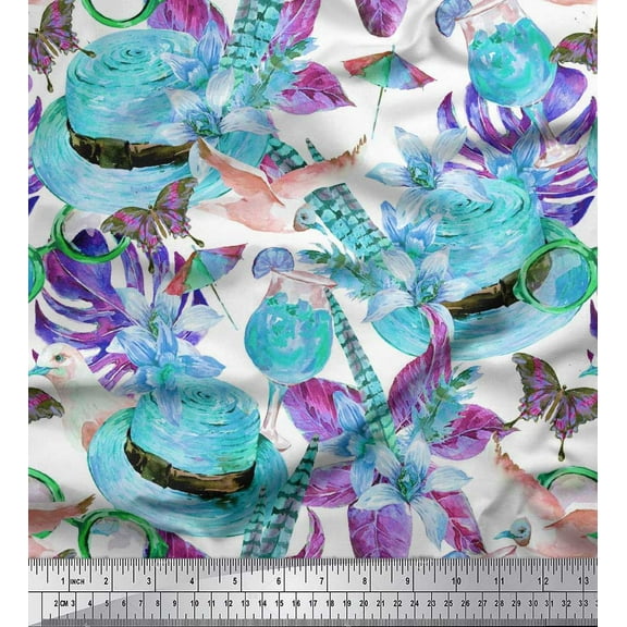 Soimoi Cotton Duck Fabric Floral,Wine Glass & Hat Fashion Print Sewing Fabric Yard 42 Inch Wide