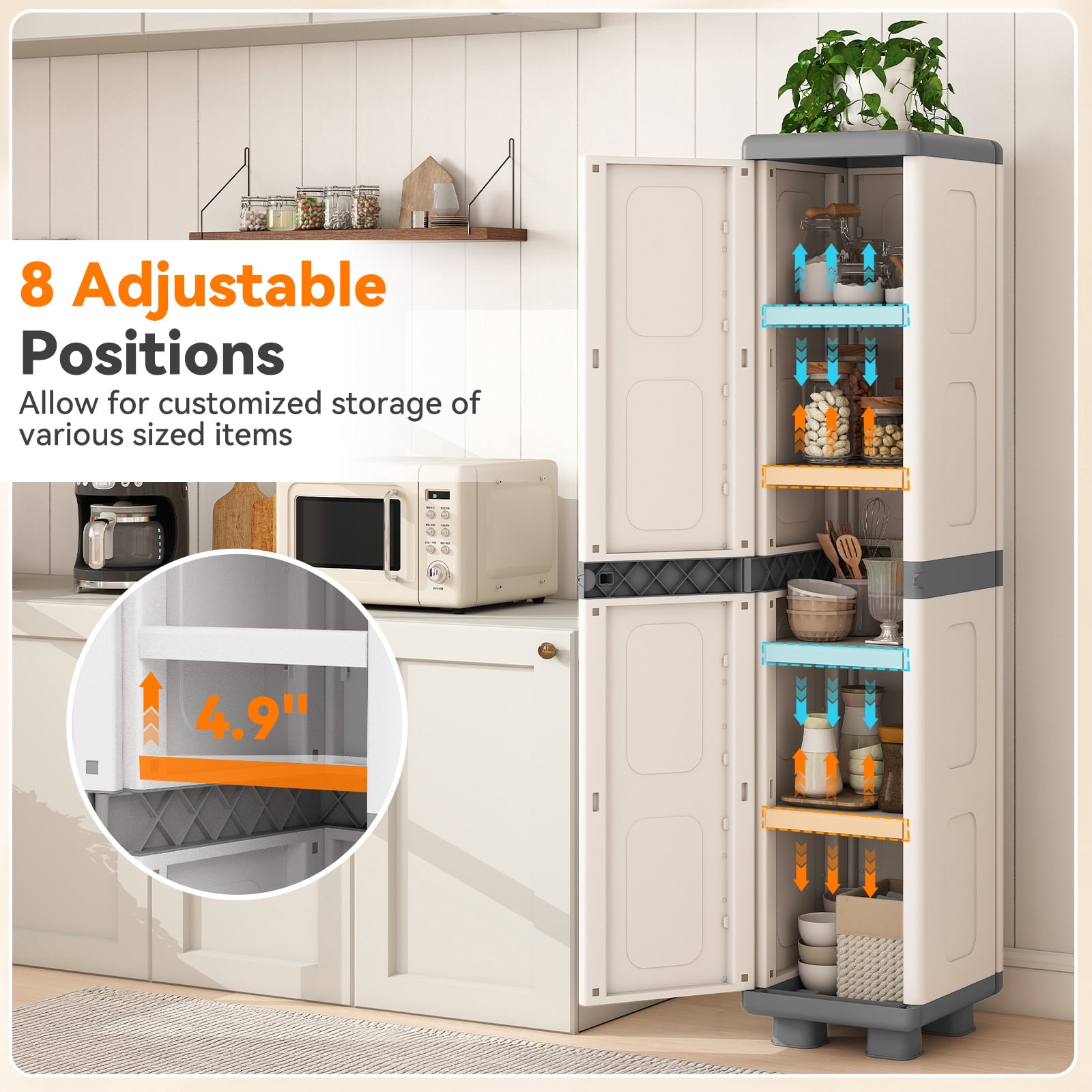 Costway Slim Storage Cabinet with Single Door, Plastic Kitchen Pantry with 4 Shelves Gray and White