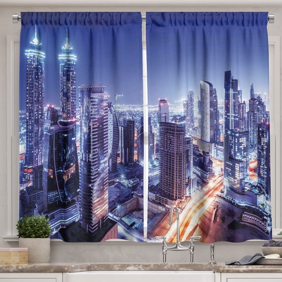Ambesonne City Kitchen Curtains, Dubai Downtown Modern UAE, 55"x45", Blue Orange