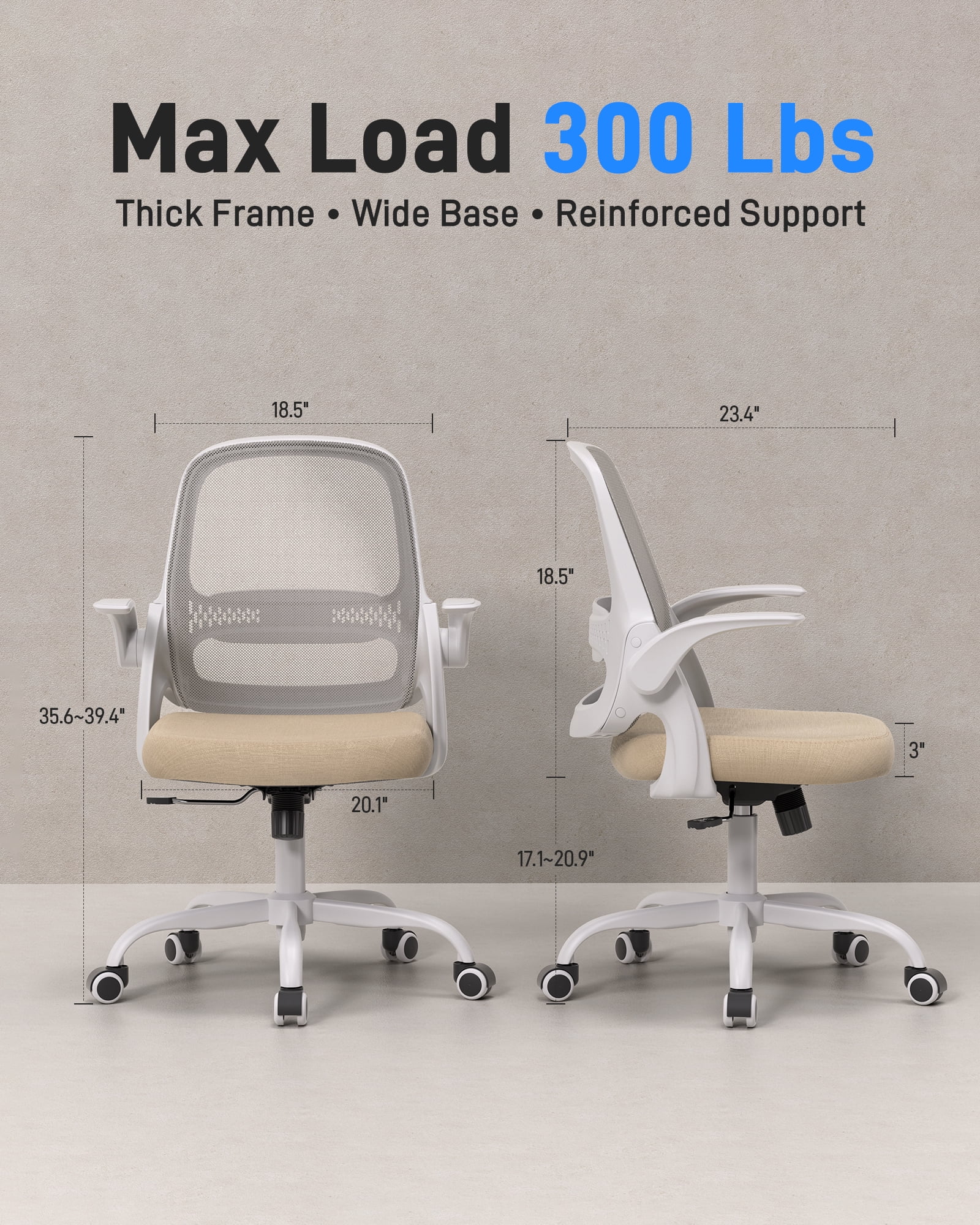 TMV Ergonomic Office Chair, Mesh Computer Chair with Wide Seat & Arms - Rolling Desk Chair with Wheels for Home Office, Gaming, or Living Room,Beige