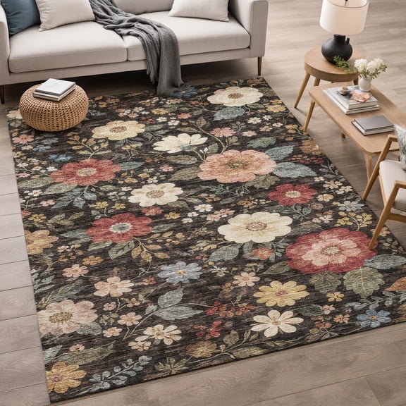 Addison Rugs Chantille Indoor/Outdoor Transitional Floral Black Machine Washable Rectangle Rug, 10' x 14'