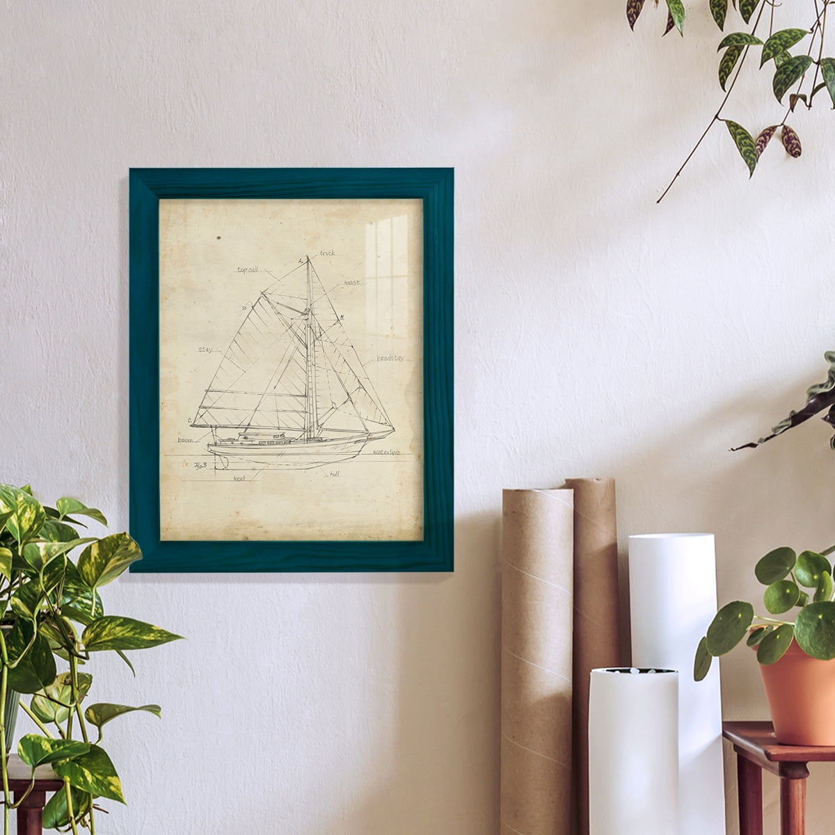 Sailboat Blueprint III -Framed Print w/glass-Ocean Blue
