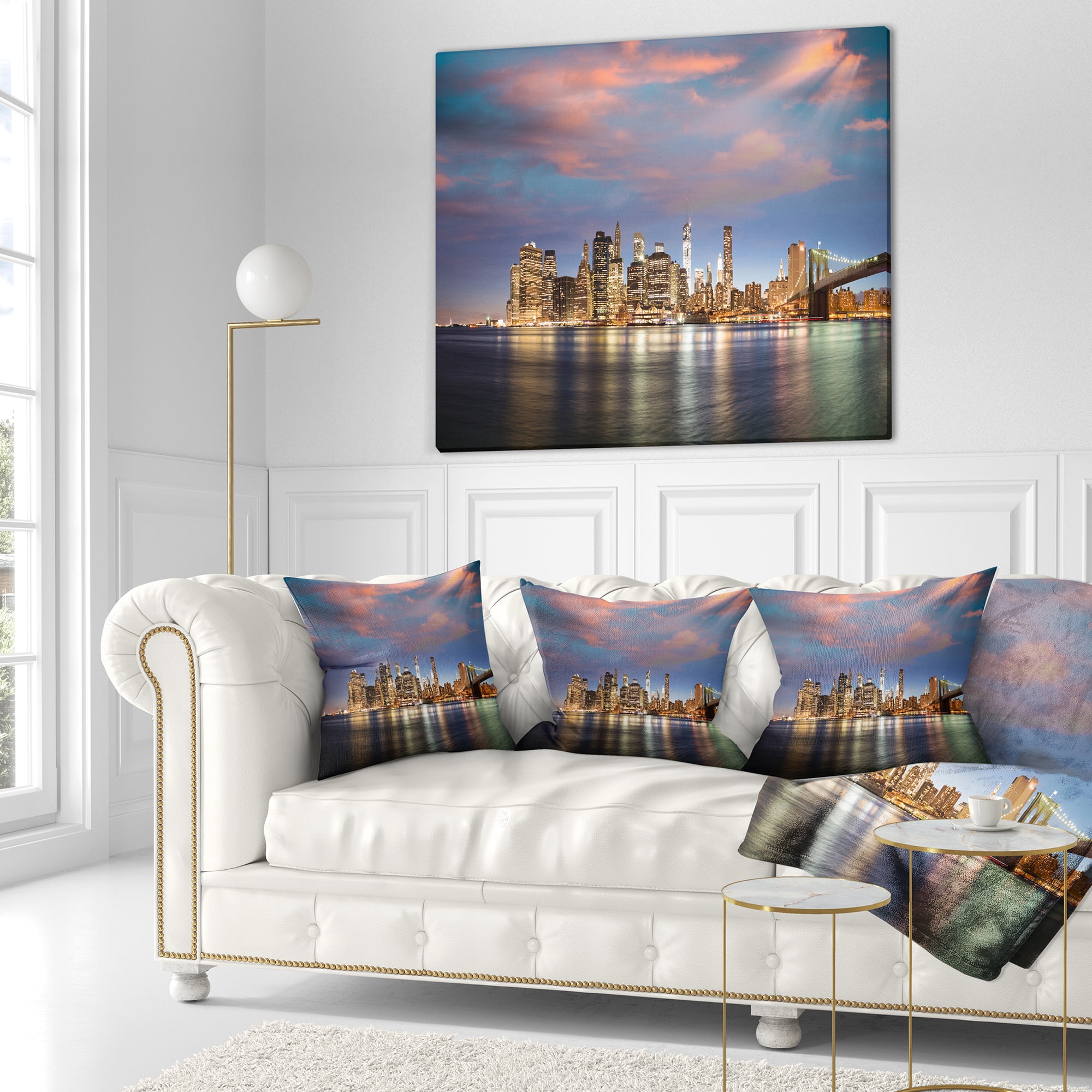 Designart Manhattan at Nighttime - Cityscape Photography Throw Pillow - 16x16