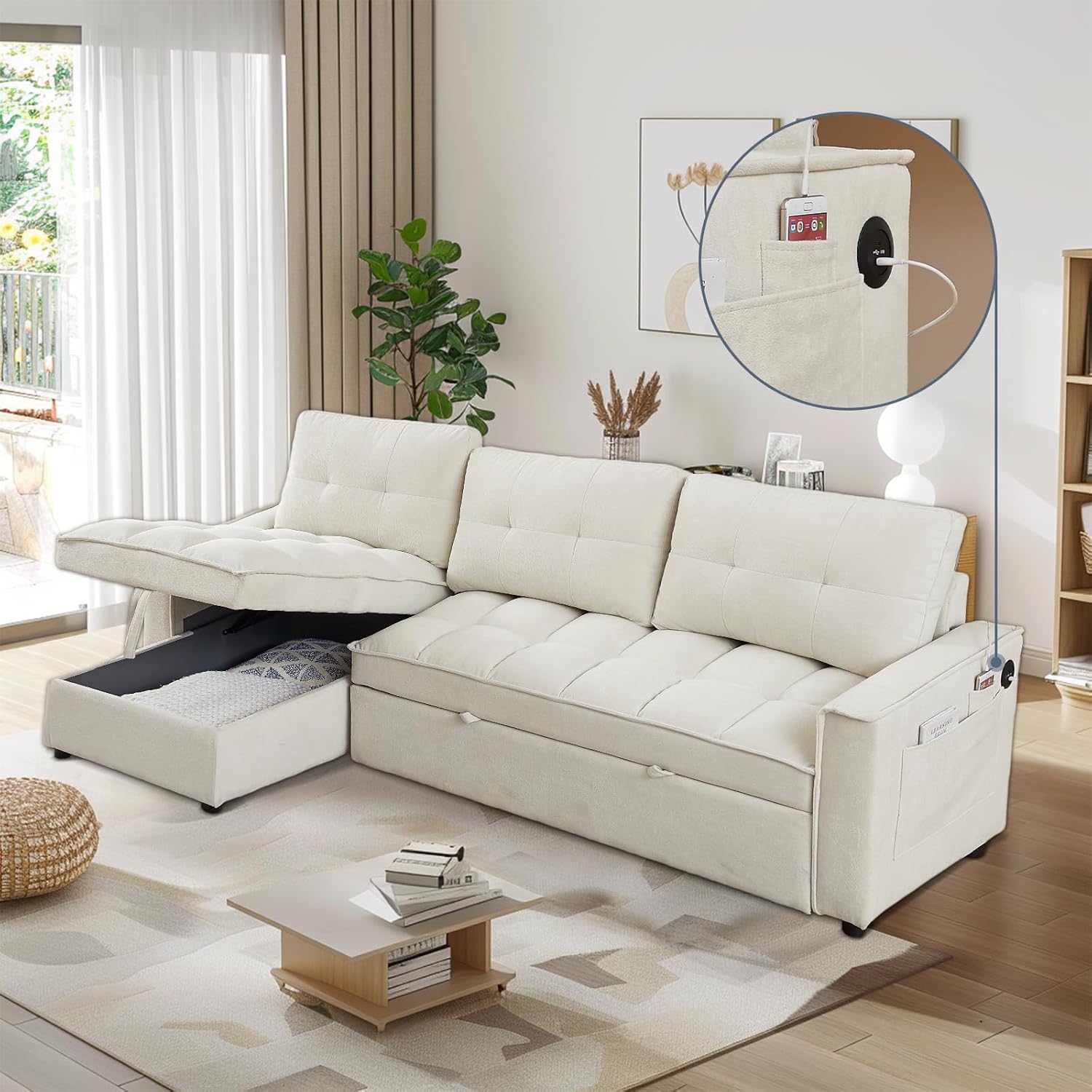 AENKYO 78.75" Reclining Sleeper Sofa with Pull-Out Bed and Built-in Charging Station, 3-Seat Sectional Couch with Cup Holders, Beige