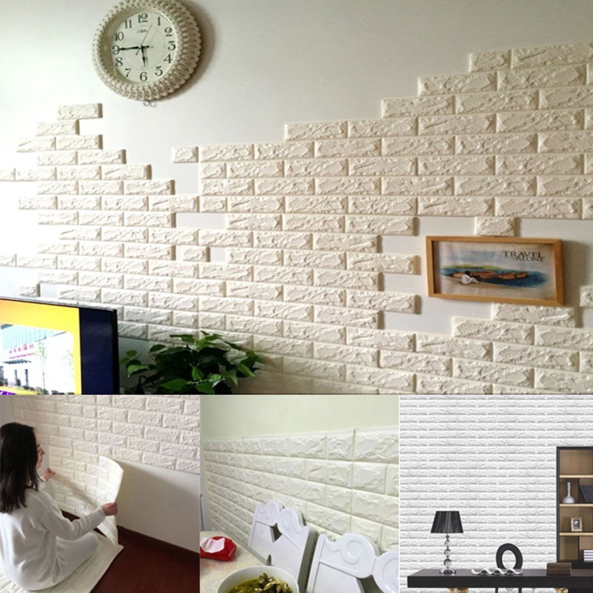 White Foam Brick 3D Wall Panels Peel and Stick Wallpaper Adhesive Textured Brick Tiles Waterproof Brick Pattern Wall Stickers Bedroom Living Room Background Decorative for Home Decor - image 2 of 7