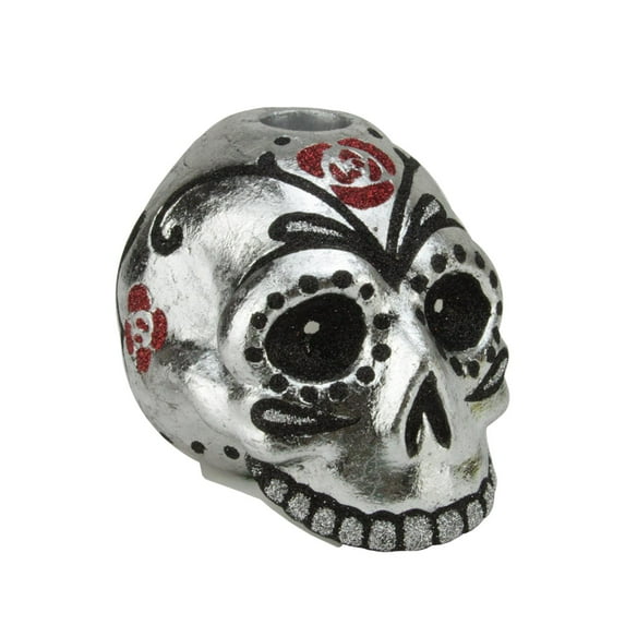 Gallerie II 31452532 4 in. Silver Metallic Black & Red Glittered Skull Head Halloween Taper Candle Holder