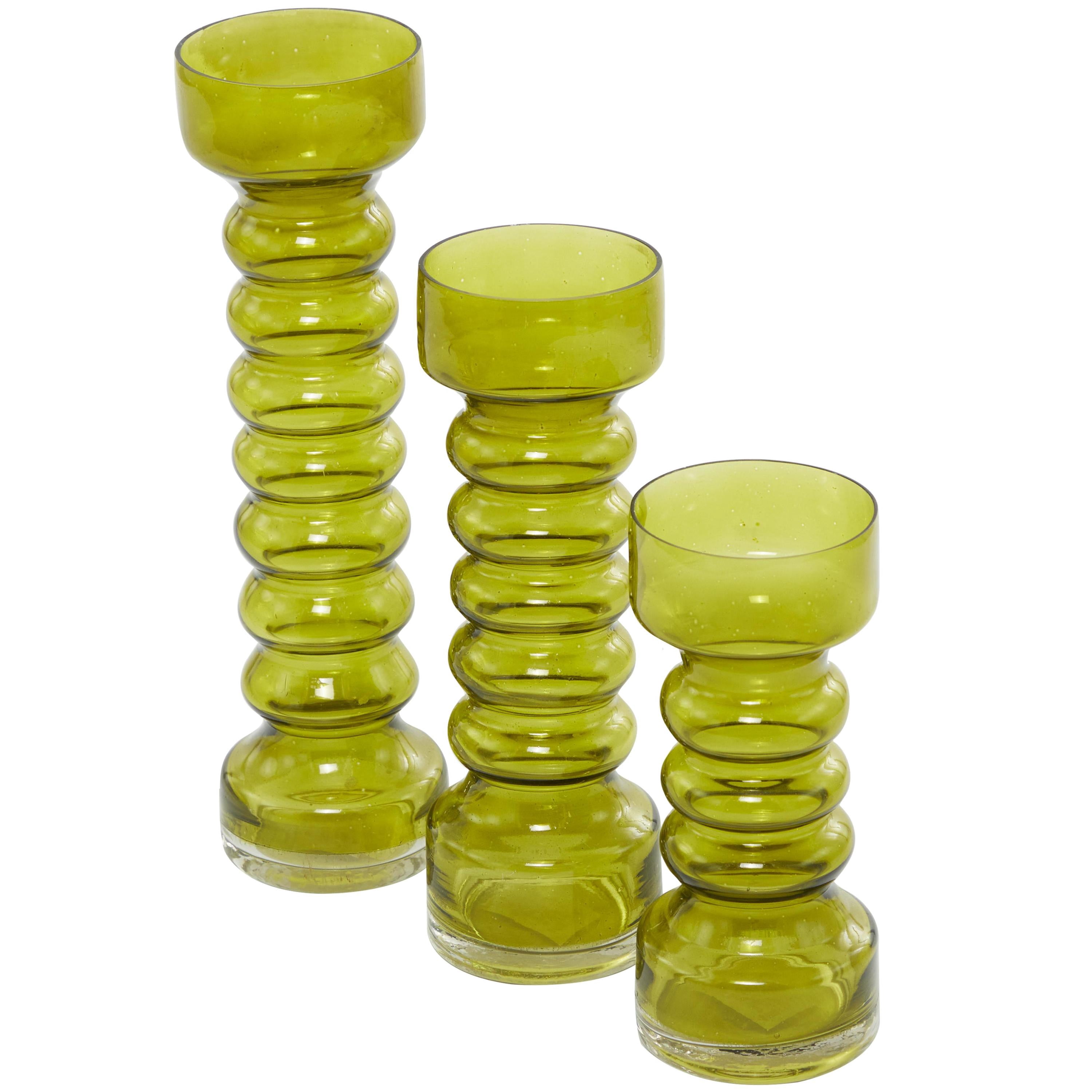 DecMode 3 Candle Green Glass Bubble Pillar Candle Holder, Set of 3