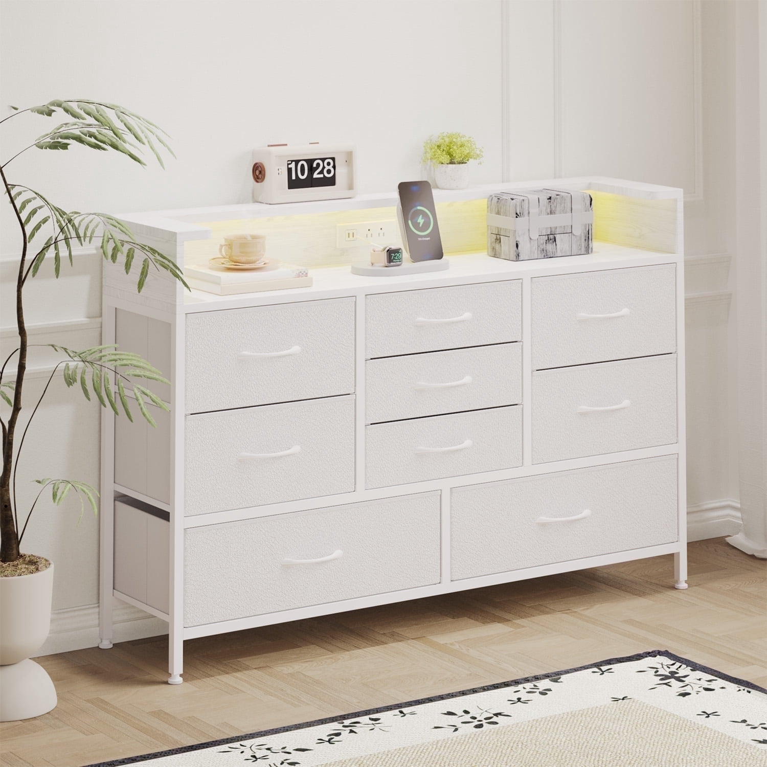 Tomnk woo White LED Dresser with 9 Drawers, Charging Station, PU Fabric Finish for Living Room, Hallway