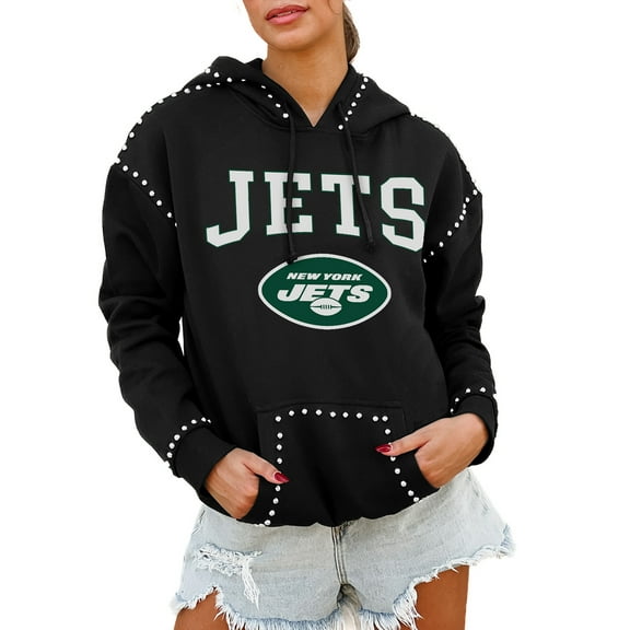 Women's Gameday Couture Black New York Jets Oversized Catch the Vibe Studded Pullover Hoodie
