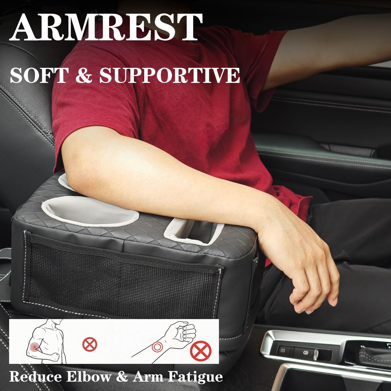 Auto Center Console Cup Holder Organizer, Universal PU Leather Armrest Storage Box with Tissue Holder & Side Pockets, Multi-use for Car Front/Back Seat, Truck, RV, Boat