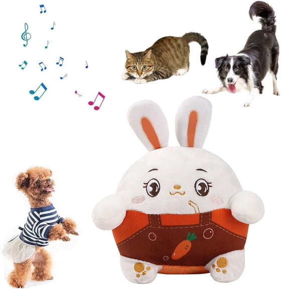Active Moving Pet Plush Toy,Squeaky Ball With Automatic Rolling Jumping Wiggling,Interactive Puppy Toys Washable Cartoon Pig Plush Sound Electronic Dog Toy (White Rabbit)