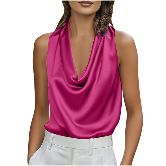 Busydd Tank Tops for Women Casual Cowl Neck Solid Color Going Out Tops Fashion Satin Sleeveless Womens Tops L