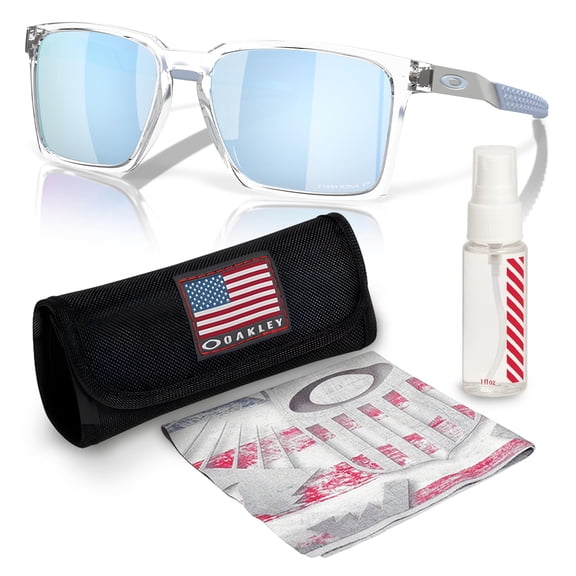 Oakley OO9483 Exchange Sun Rectangle Shaped Polarized Sunglasses for Men & Women - Includes Official Eyewear Kit - Polished Clear Frame with Prizm Deep Water Lens