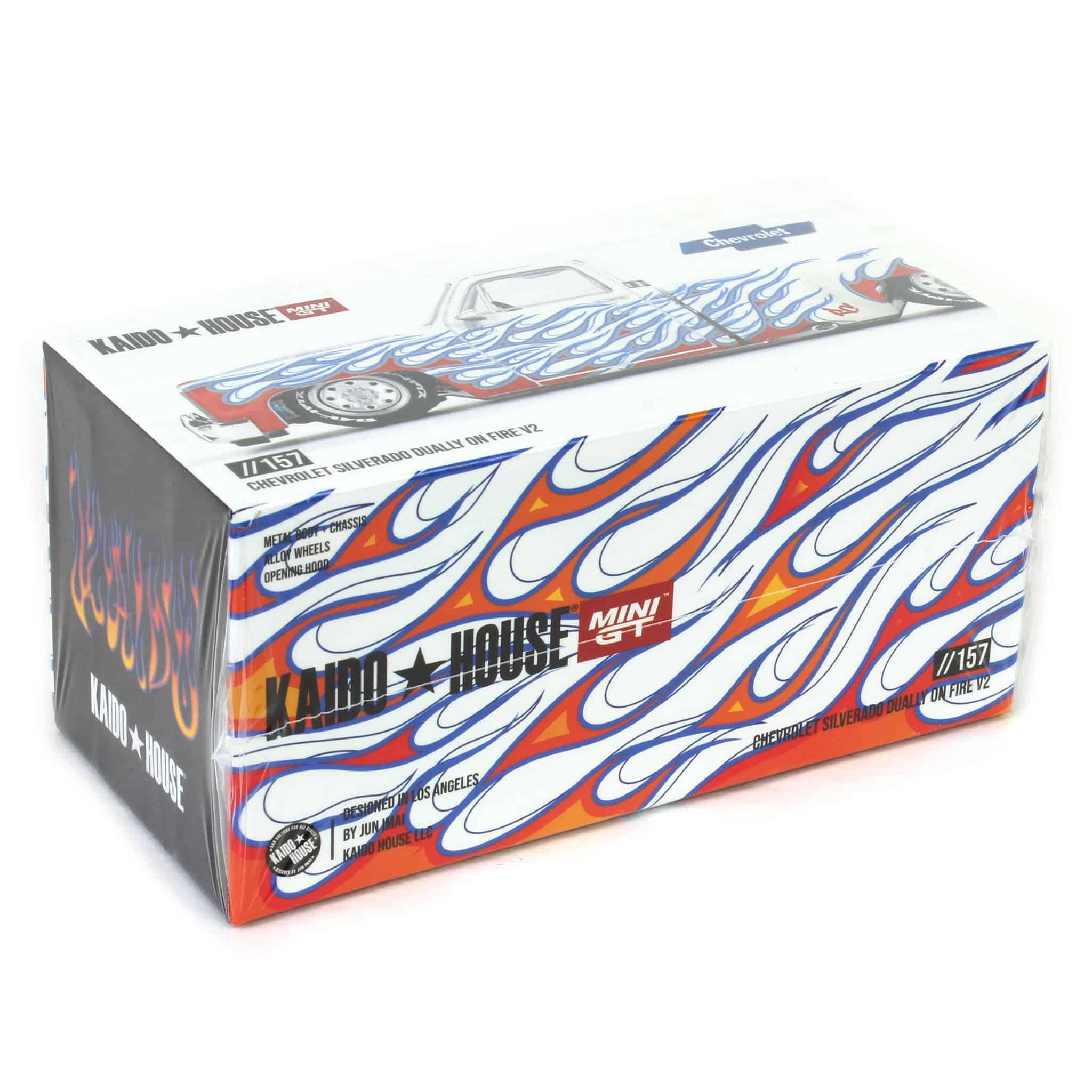Chevrolet Silverado Dually Pickup Truck "On Fire V2" White Met w/Blue Flames and Blue Interior 1/64 Diecast Model Car by Mini GT