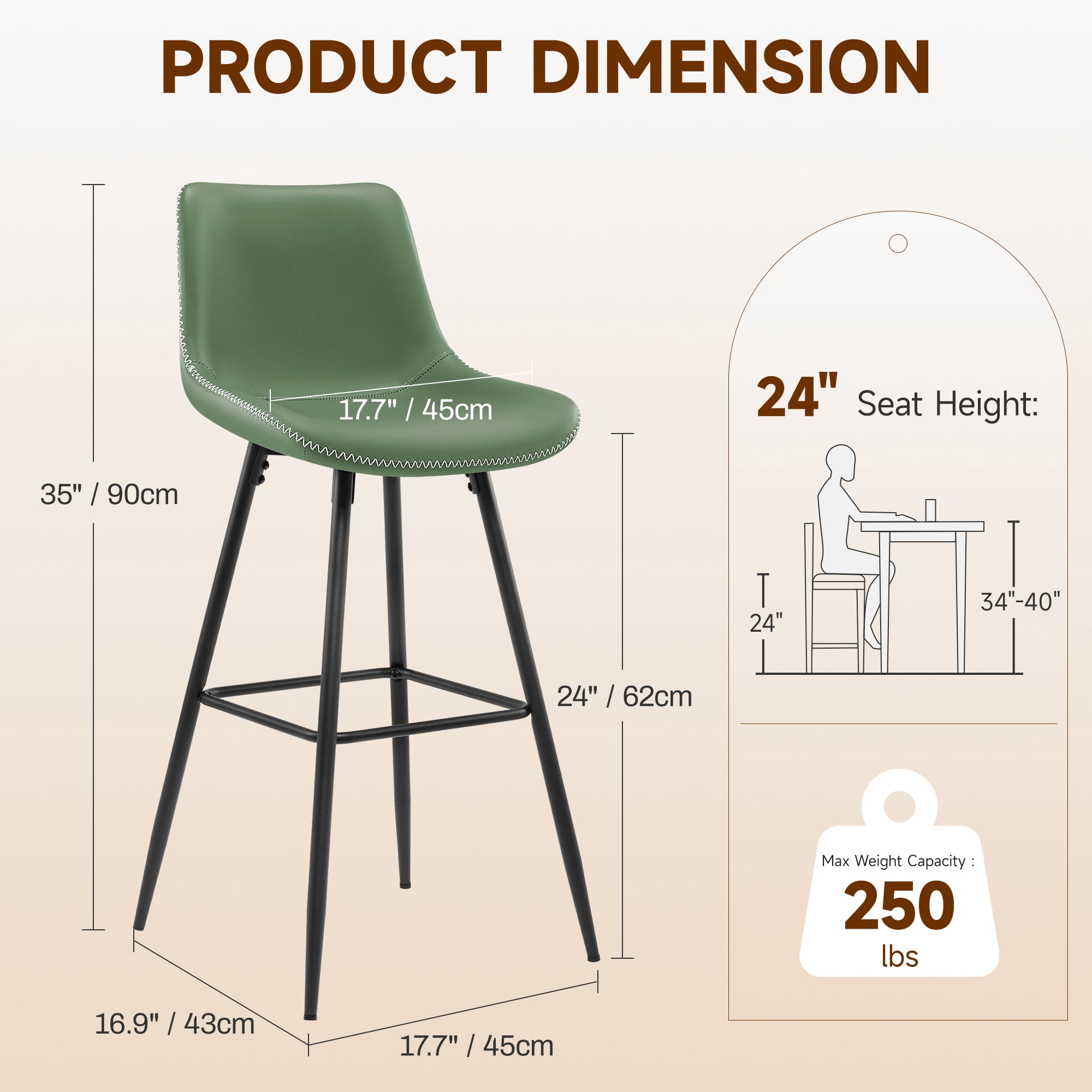 COOLHUT 24 Inch Bar Stools Set of 2, Counter Height Bar Chair with Footrest, Upholstered Faux Leather Bar Chair, Counter Stools with Sturdy Metal Legs, Green