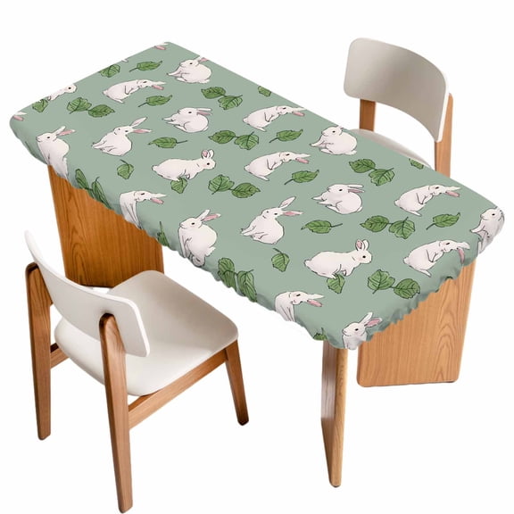 Cute Rabbits Table Cloths for 4 Foot Rectangle Tables, Green Farmhouse Leaves Plants Cartoon Bunny Patio Waterproof Elastic Fitted Tablecloths, Washable Rectangular Table Cover for Camping