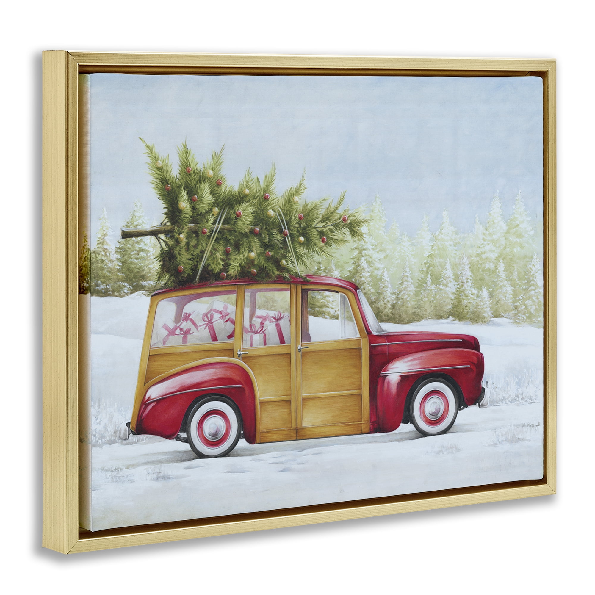 Stupell Industries Holiday Fun Filled Car Holiday Painting Gold Floater Framed Canvas Art Prints Wall Art, 21 x 17