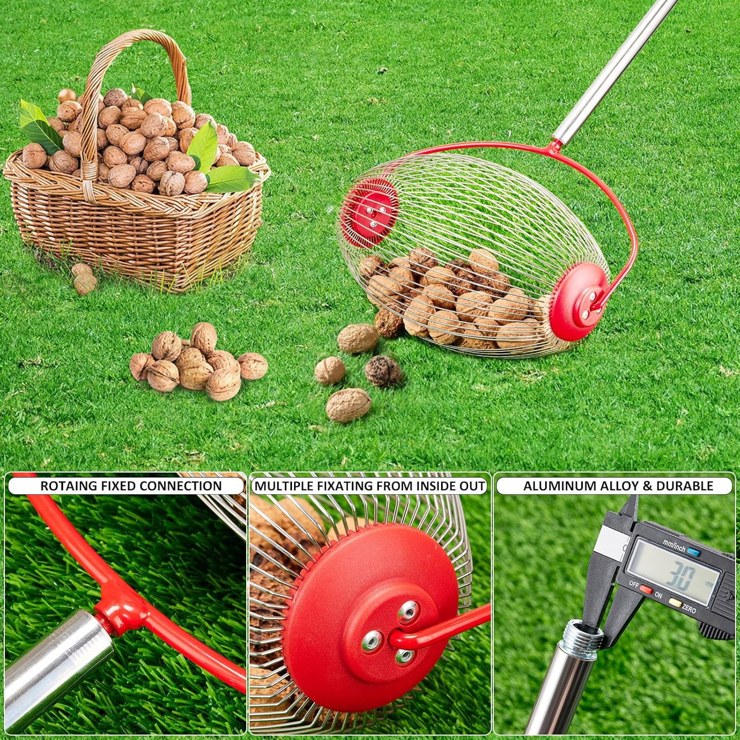 14.6” Nut Gatherer Roller Tool with Telescopic Handle – Manual Collector for Walnuts, Pecans, Golf Balls & More – Adjustable Yard Harvesting Tool
