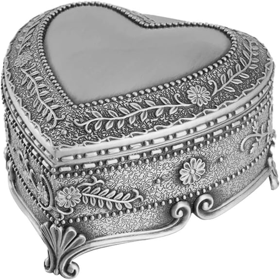 Vintage Heart-Shaped Metal Jewelry Box, Antique Silver-Finish Trinket & Keepsake Chest with Embossed Floral Design and Velvet Interior