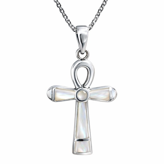 Mystical Egyptian Ankh Cross White Seashell Inlay Sterling Silver Necklace