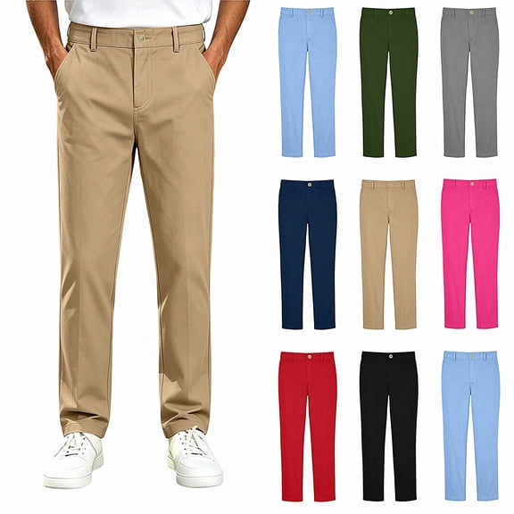SGFCWSX Boys Chino Pants, Button Zipper Straight Leg Relaxed Fit Trousers with Side Pockets for Casual School Uniform Khaki Size 9