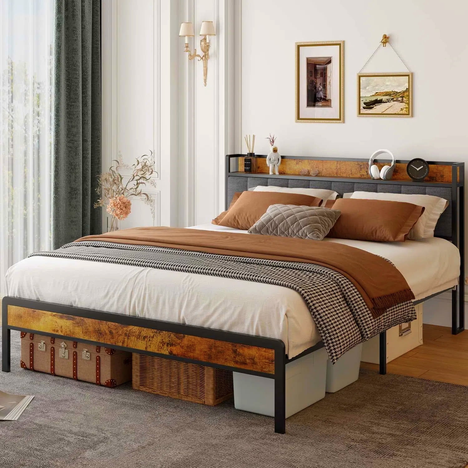 Full Size Bed Frame, Lofka Full Platform Bed Frame with Storage Headboard, Modern Bedroom Furniture, Dark Gray