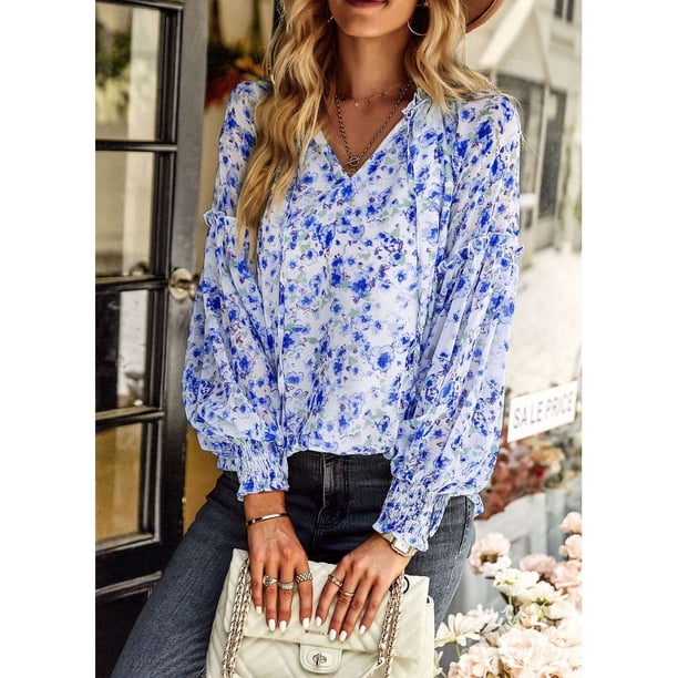 Camisa Suave, Blusa De Mujer De Encaje Empalmado Transpirable Con Estampado Floral Con Escote En V Para Citas Para El Hogar