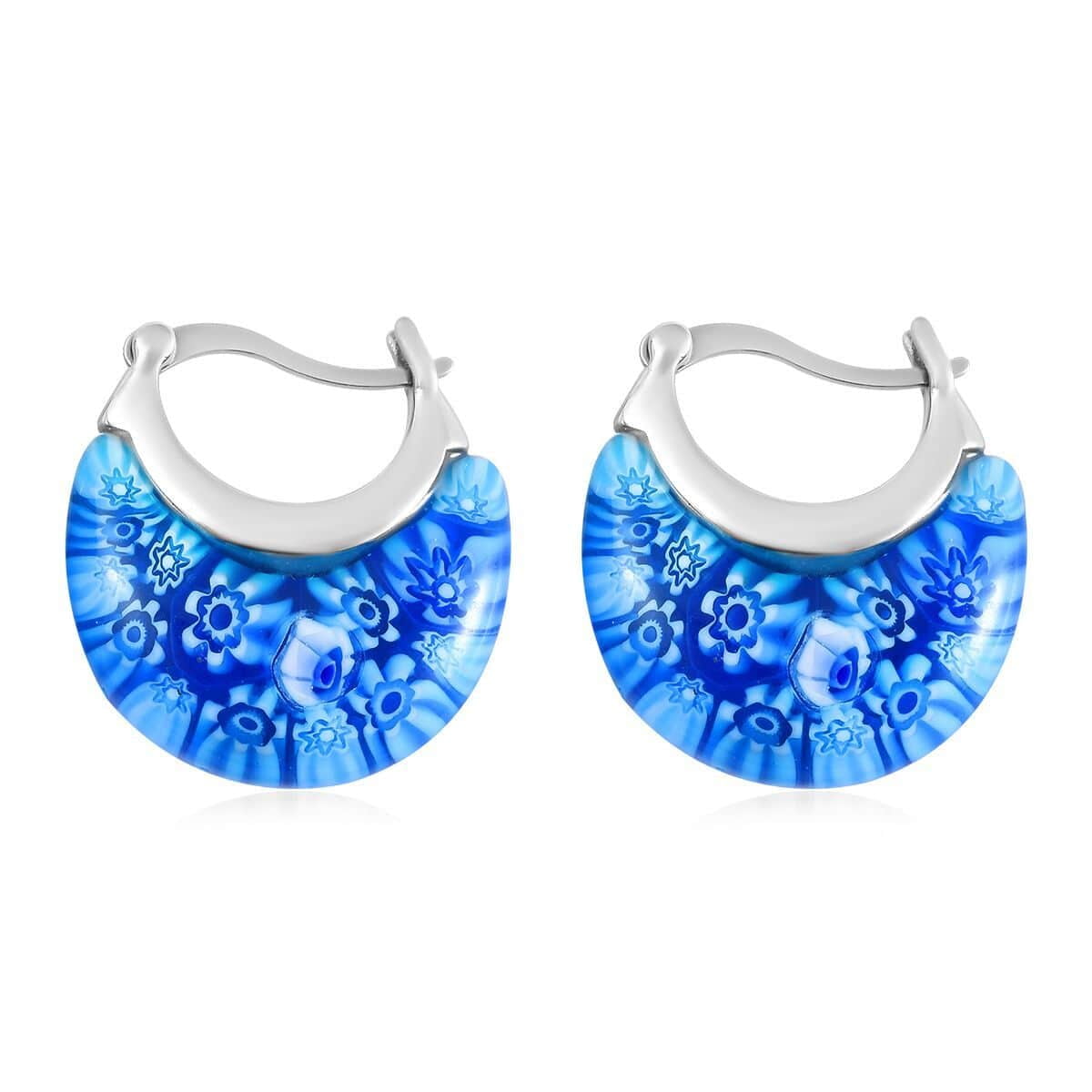Blue Murano Style Millefiori Glass Hoop Earrings for Women Daisy Flower Stainless Steel Jewelry Ct. 30 Birthday Christmas Gifts